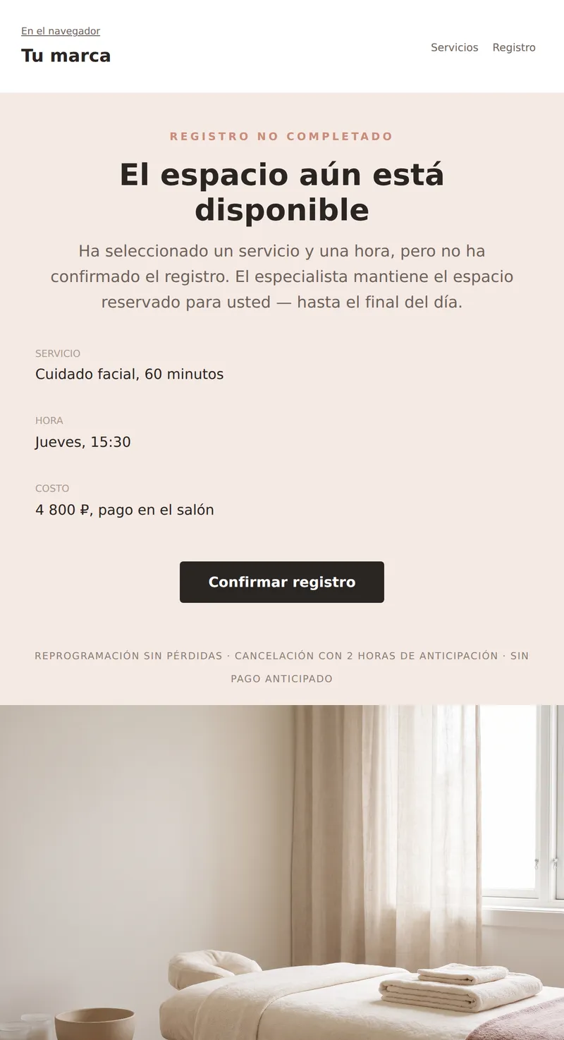 Registro incompleto: el espacio aún está disponible (belleza)