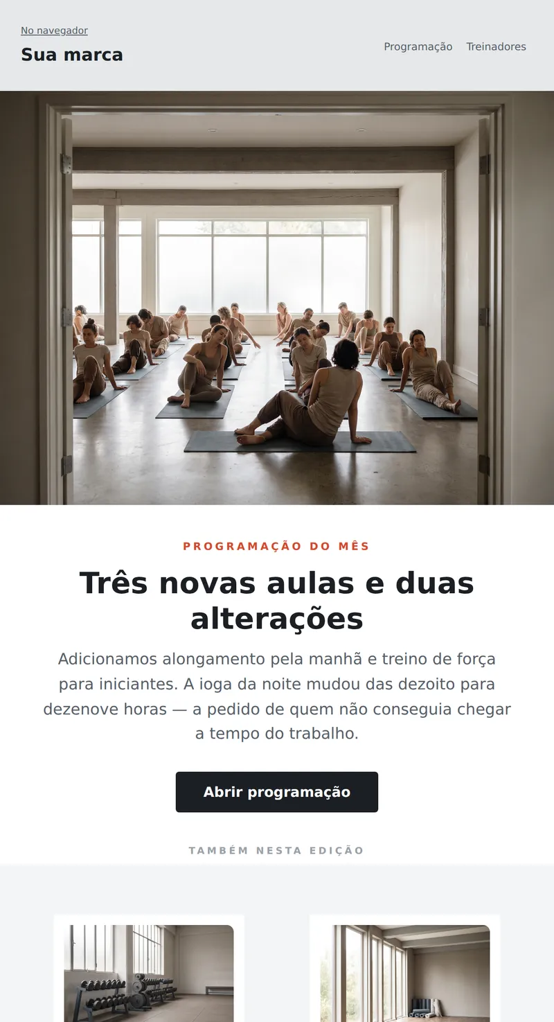 Resumo: programação e novas aulas (fitness)