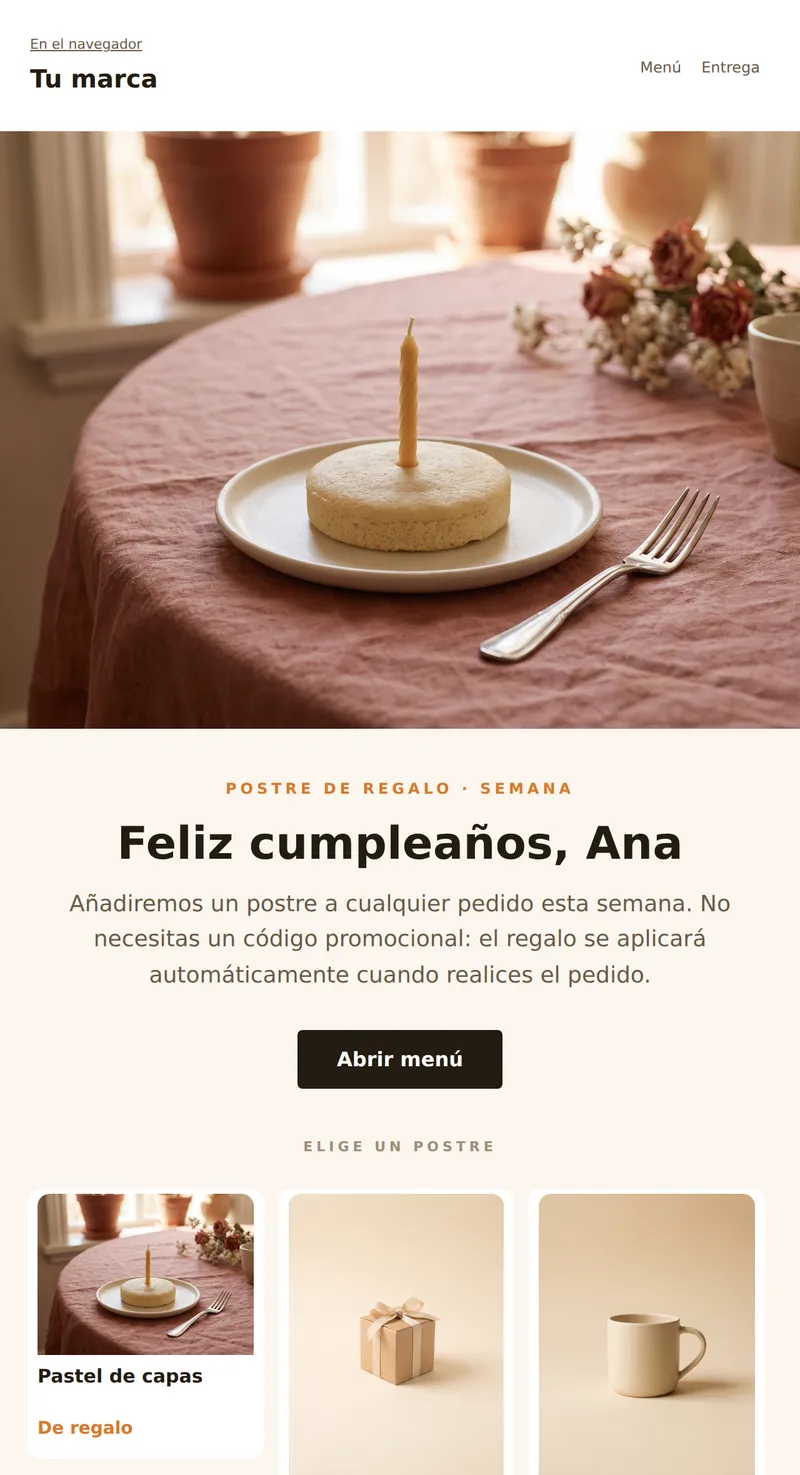 Cumpleaños: postre de regalo (entrega de comida)