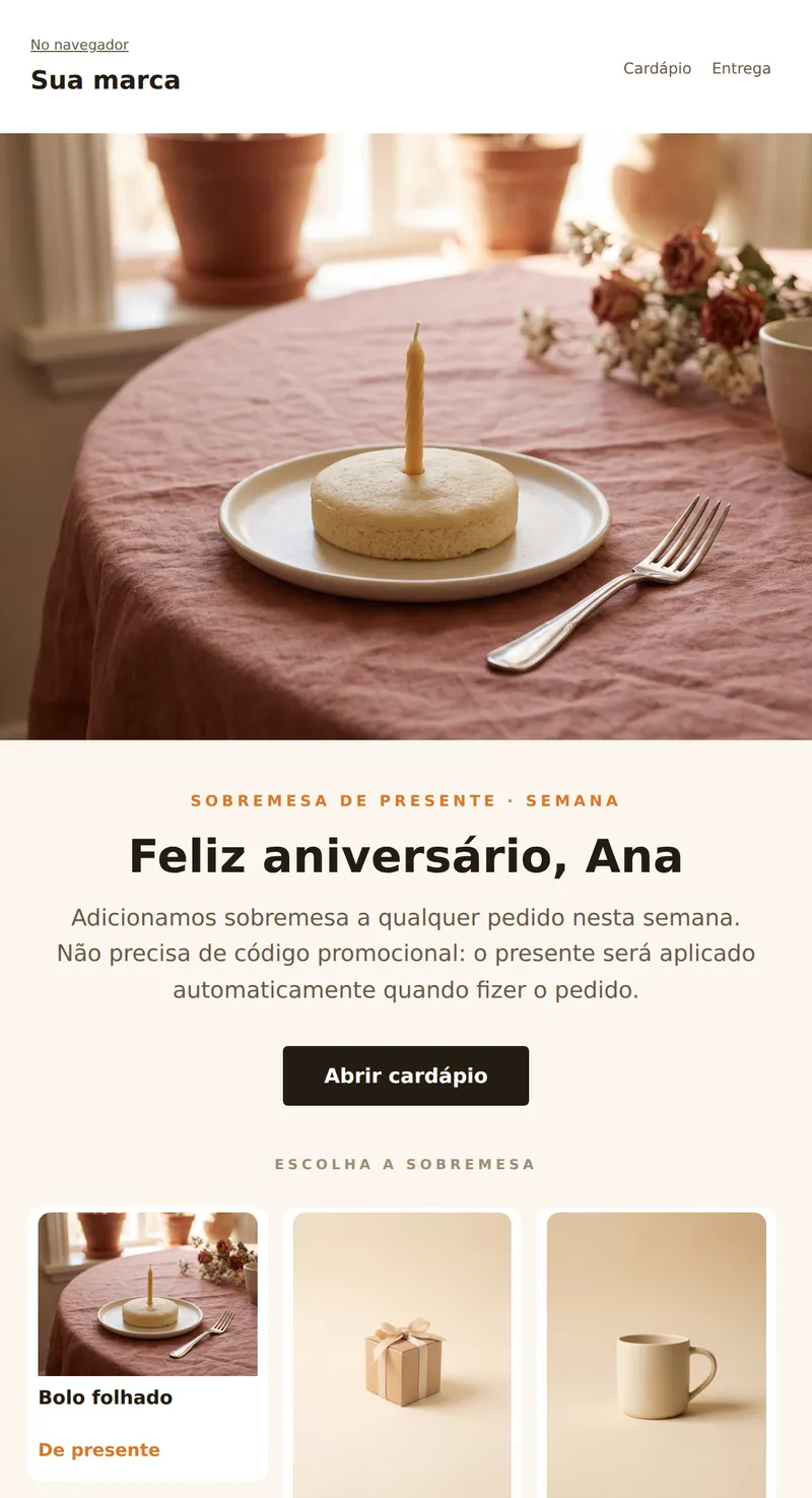 Aniversário: sobremesa de presente (entrega de comida)