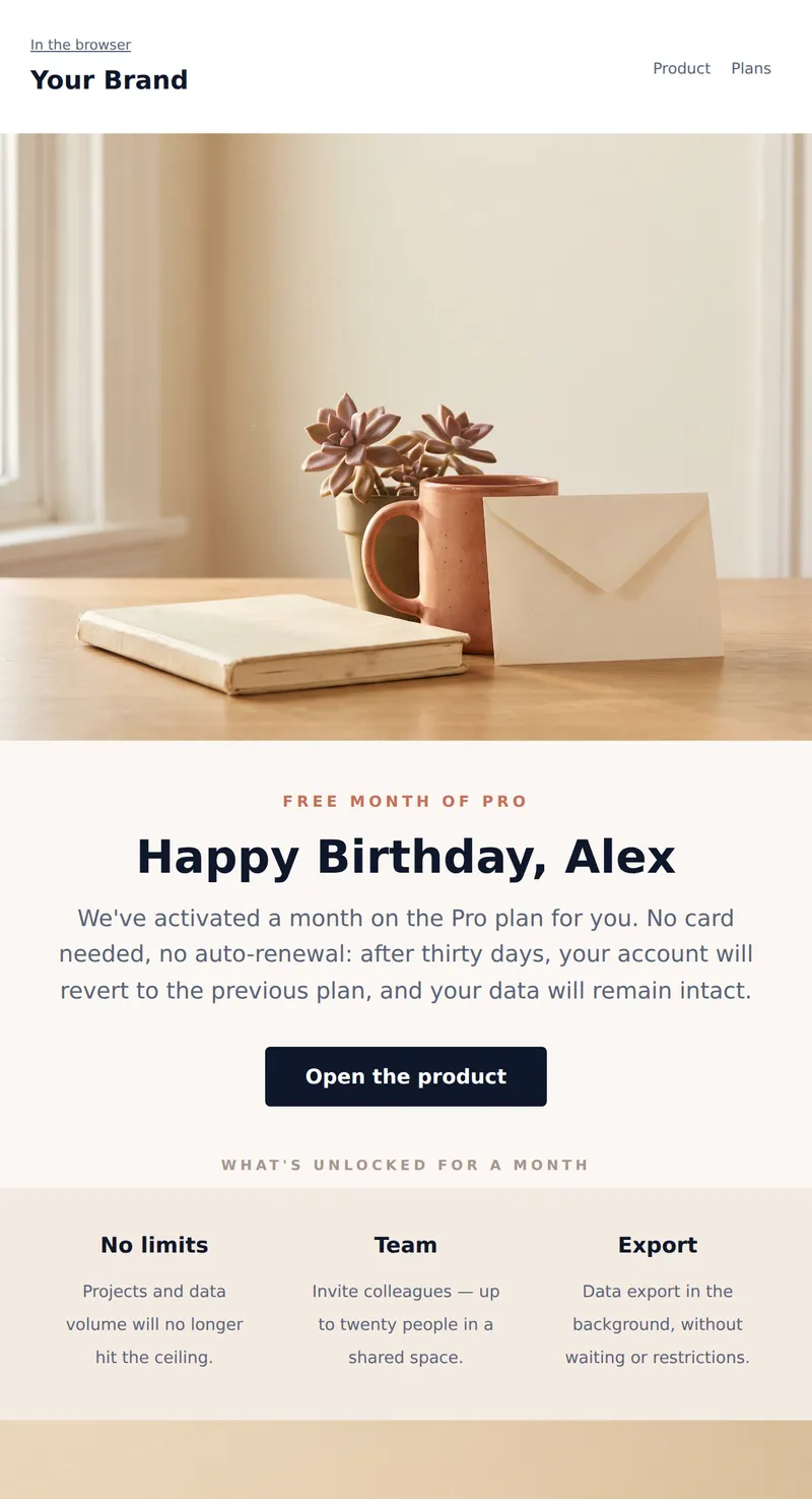 Birthday: Free Month of Pro (SaaS)