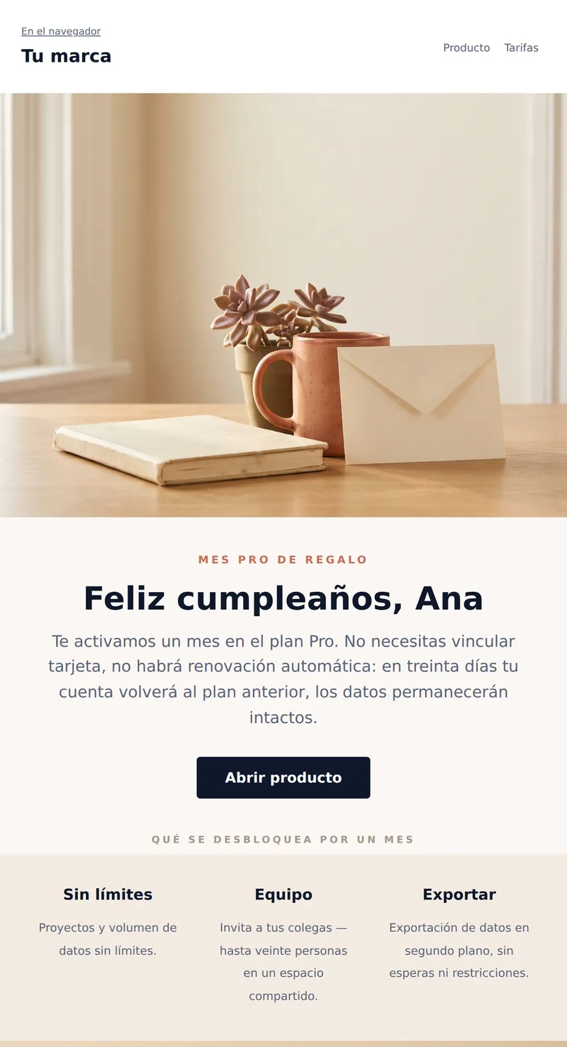 Cumpleaños: mes Pro de regalo (SaaS)