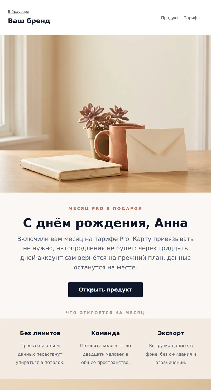 День рождения: месяц Pro в подарок (SaaS)