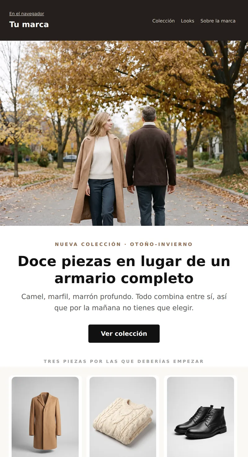 Promo: nueva colección (moda, audiencia adulta)