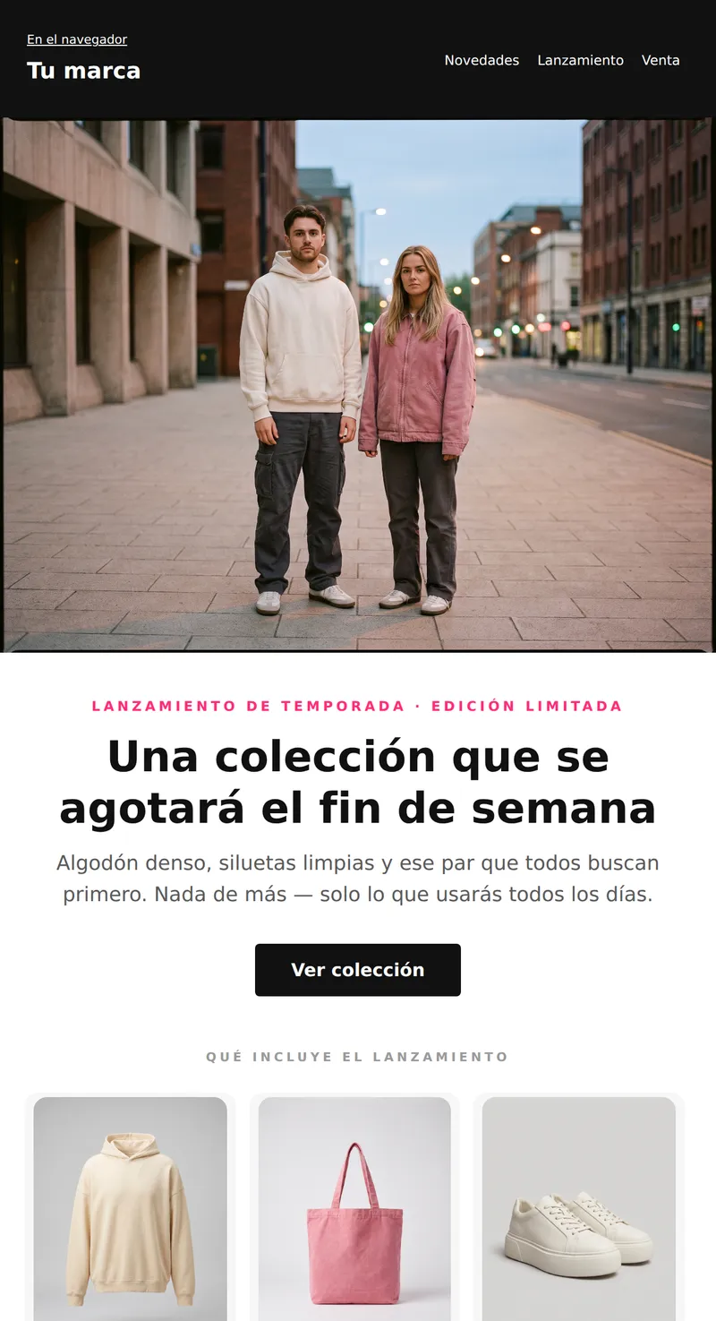Promo: lanzamiento de la nueva colección (moda, jóvenes)