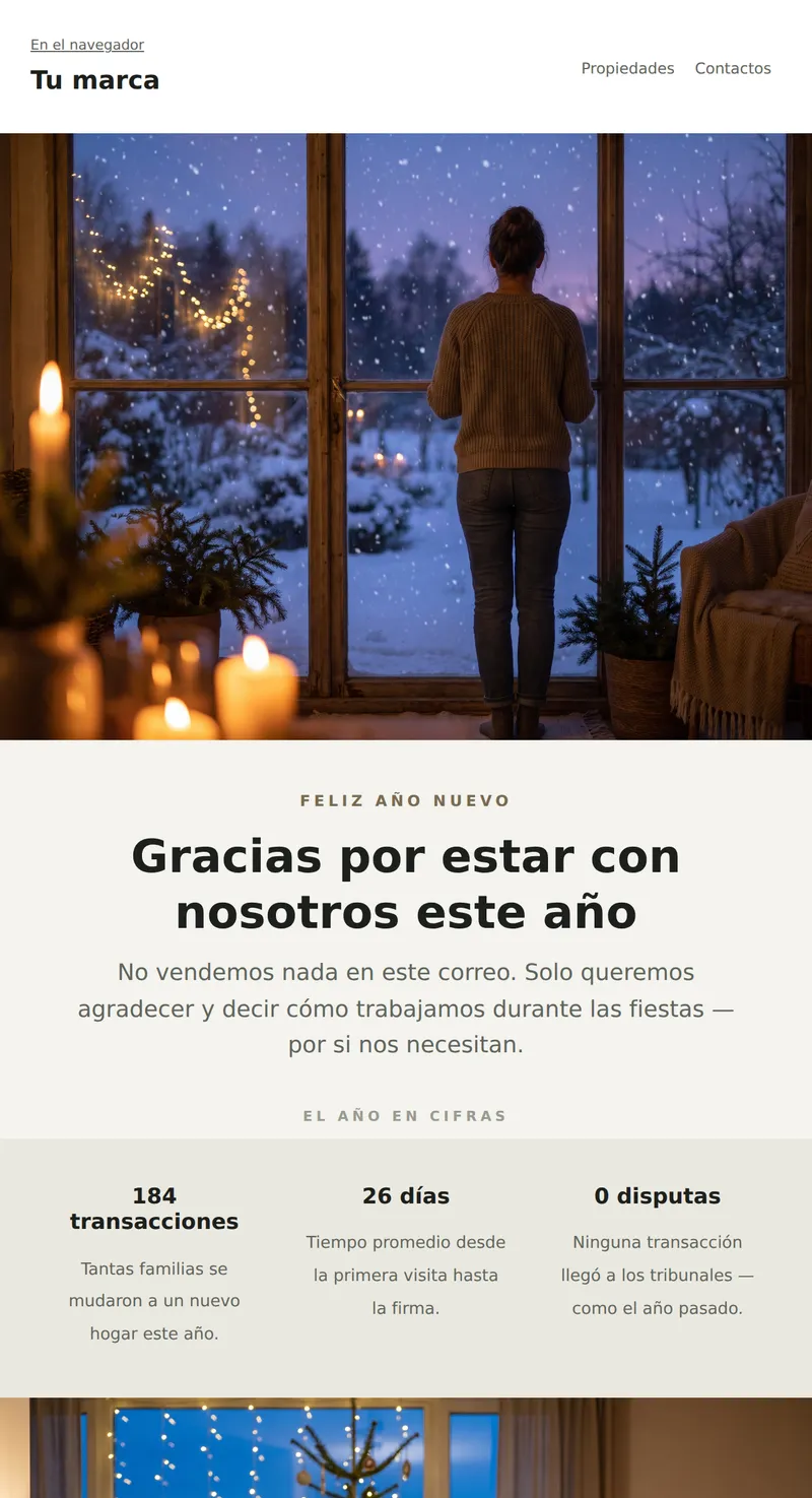 Año Nuevo: felicitación a los clientes (bienes raíces)