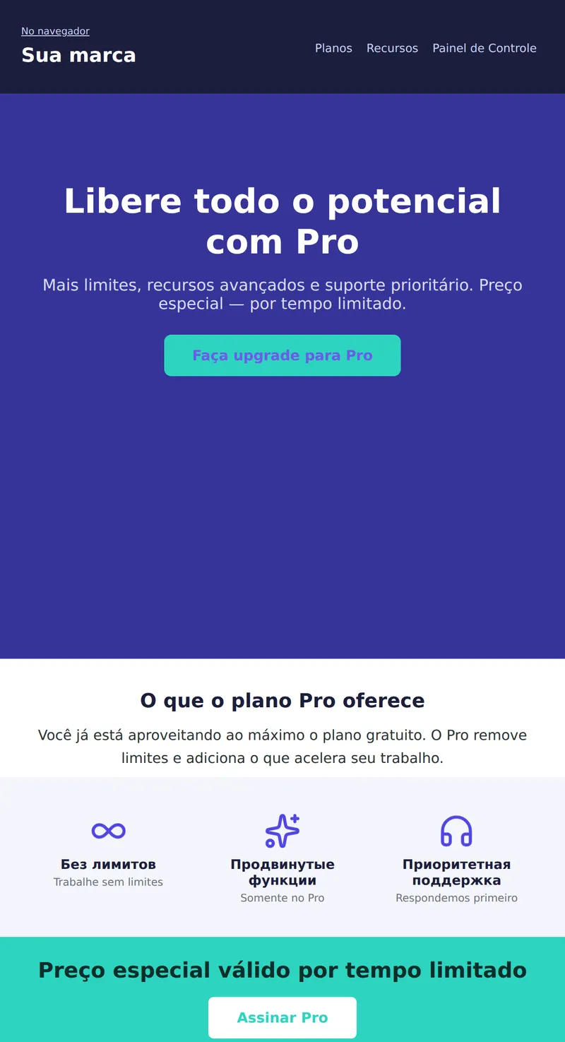 Promoção: faça upgrade para Pro, grande banner (SaaS)