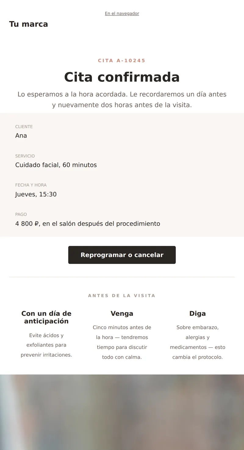 Confirmación de cita (belleza y servicios)