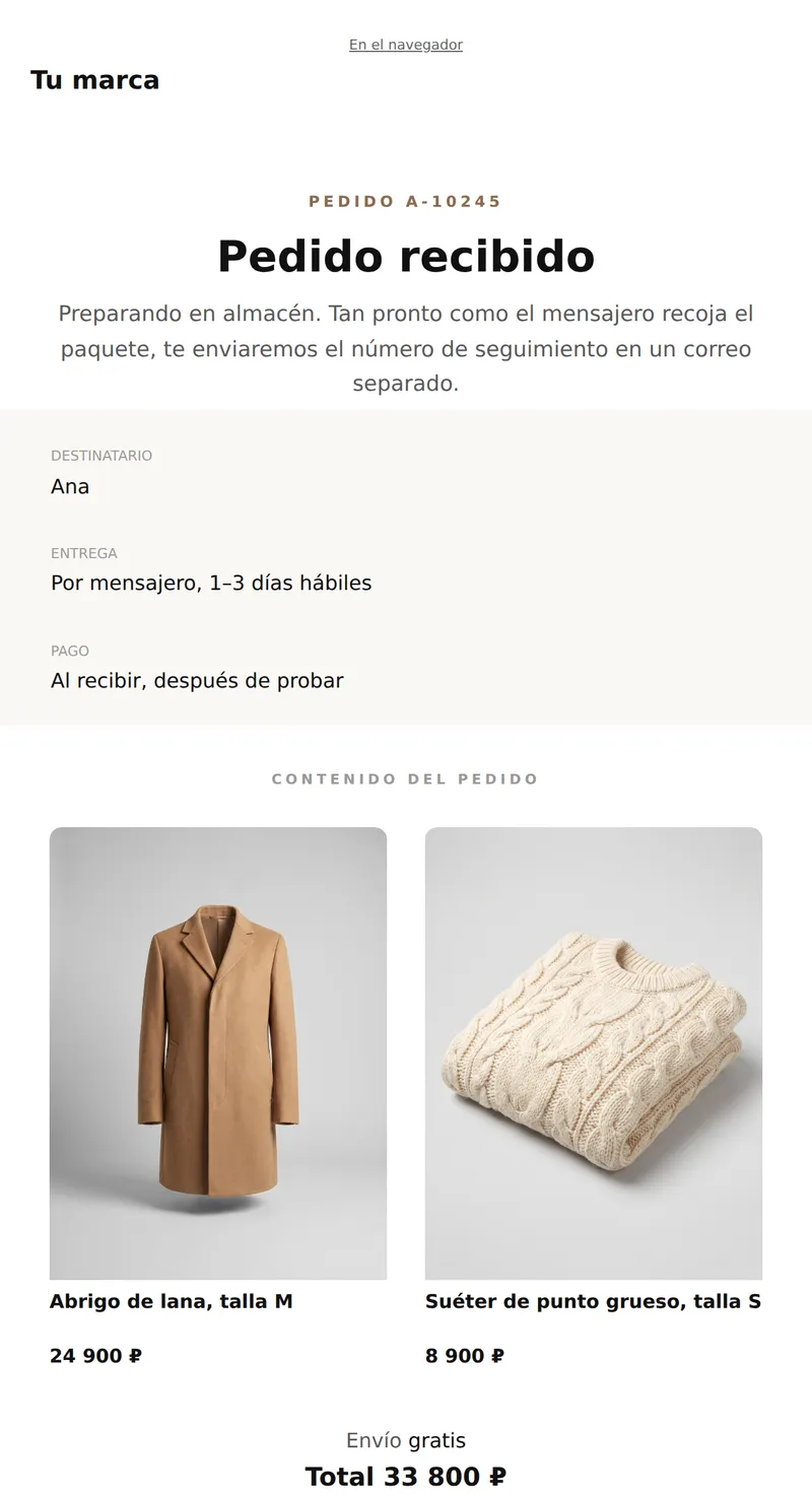 Confirmación de pedido (moda)