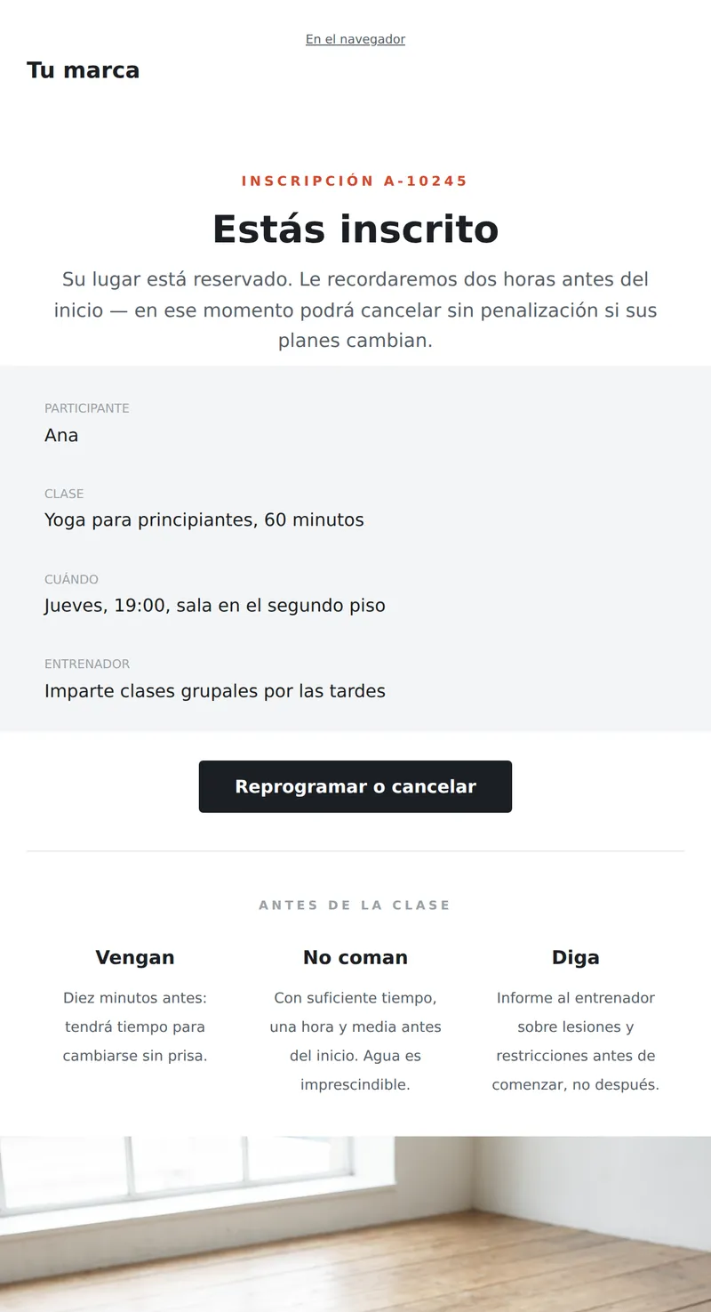 Confirmación de inscripción a la clase (fitness)