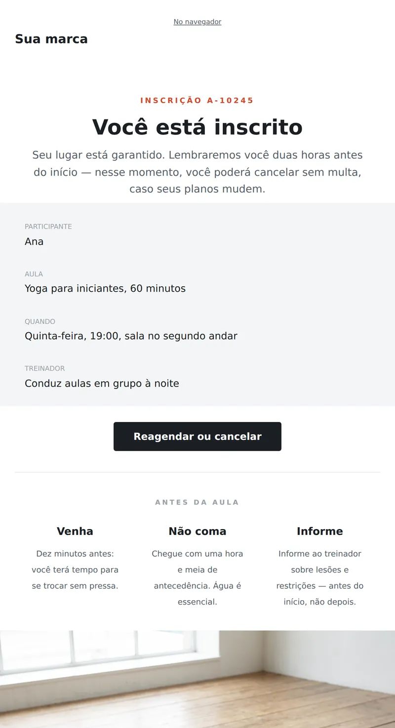 Confirmação de inscrição na aula (fitness)