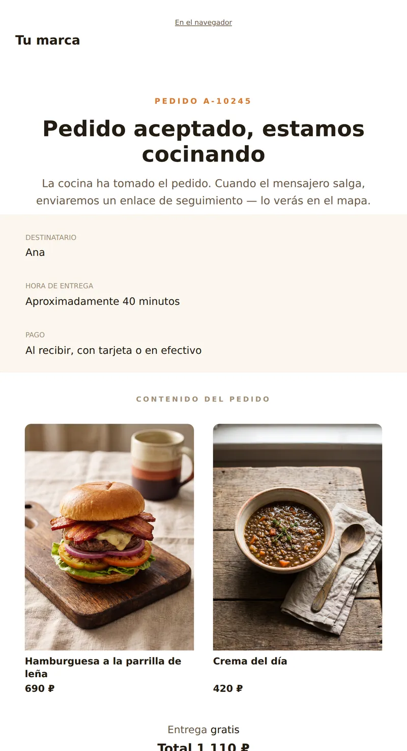 Pedido aceptado: estamos preparando y llevando (entrega de comida)