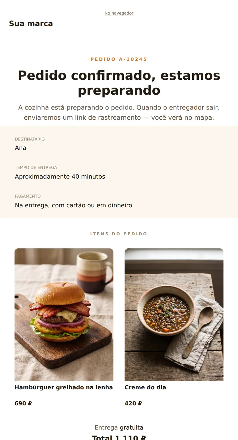Pedido confirmado: estamos preparando e entregando (entrega de comida)