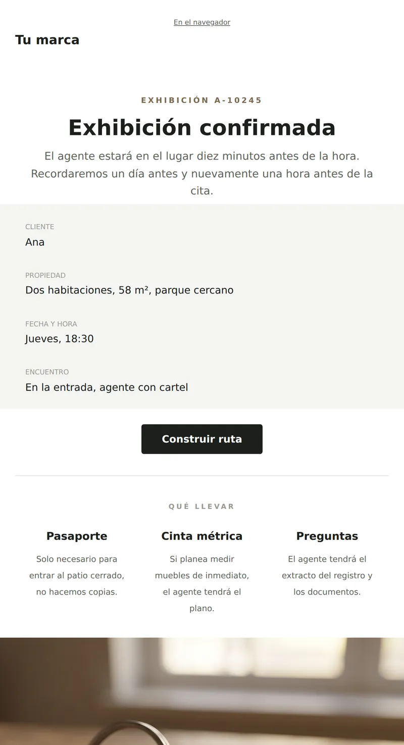 Exhibición confirmada: detalles de la cita (bienes raíces)