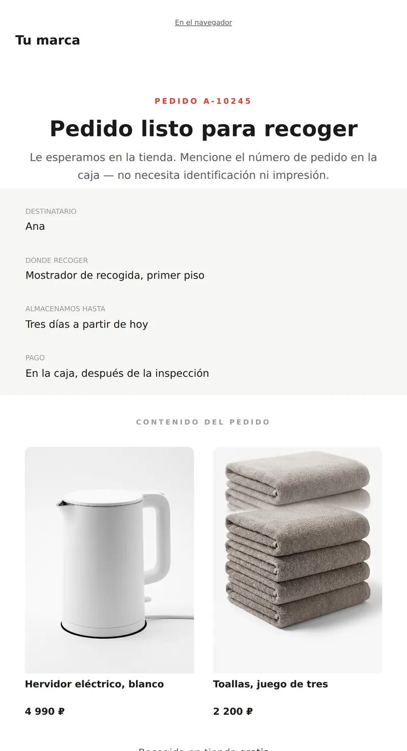 Pedido listo para recoger (retail, recogida en tienda)