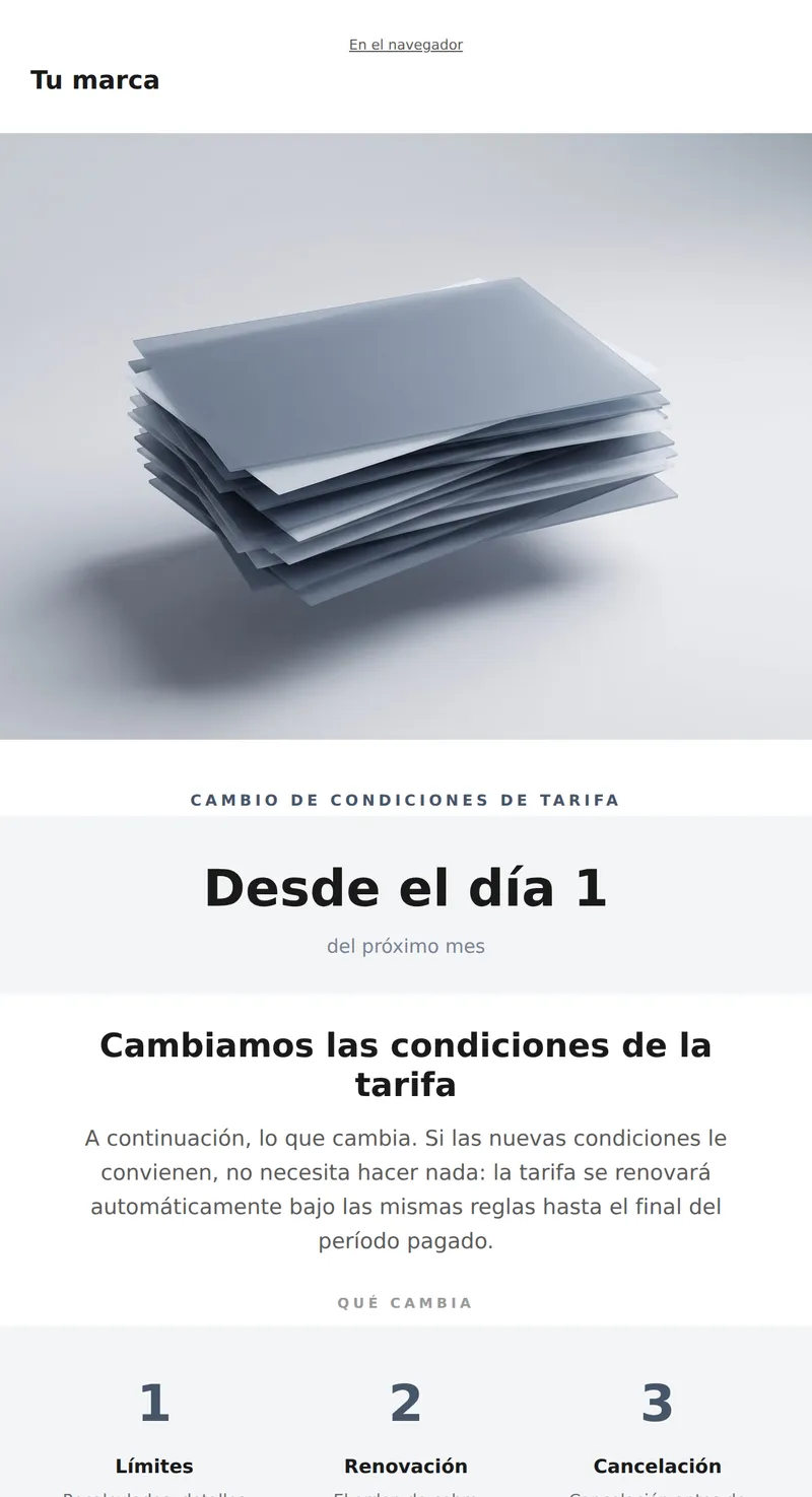 Cambio de condiciones de tarifa (notificación)