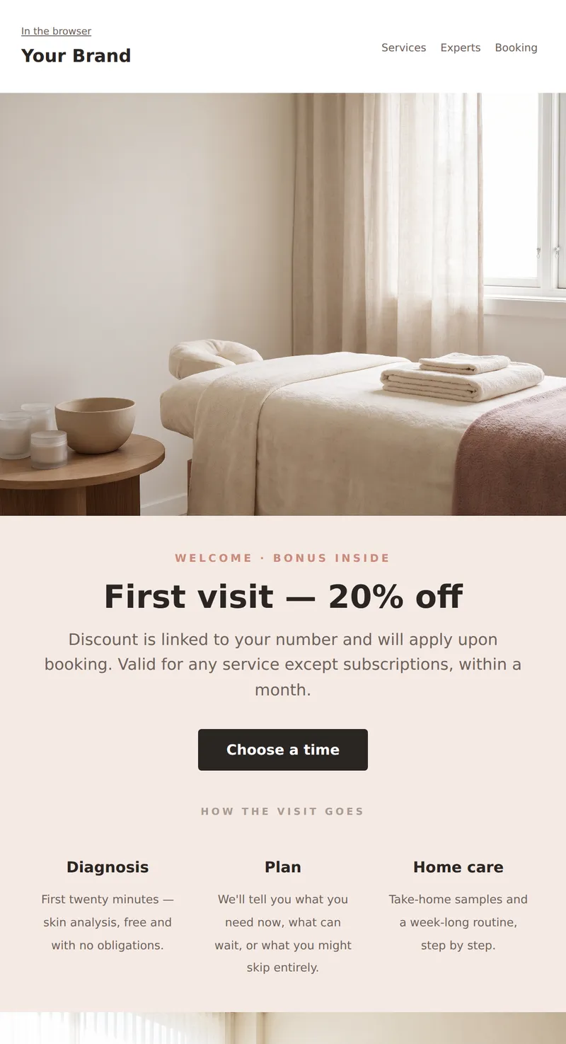 Welcome: bonus for your first visit (beauty and services)