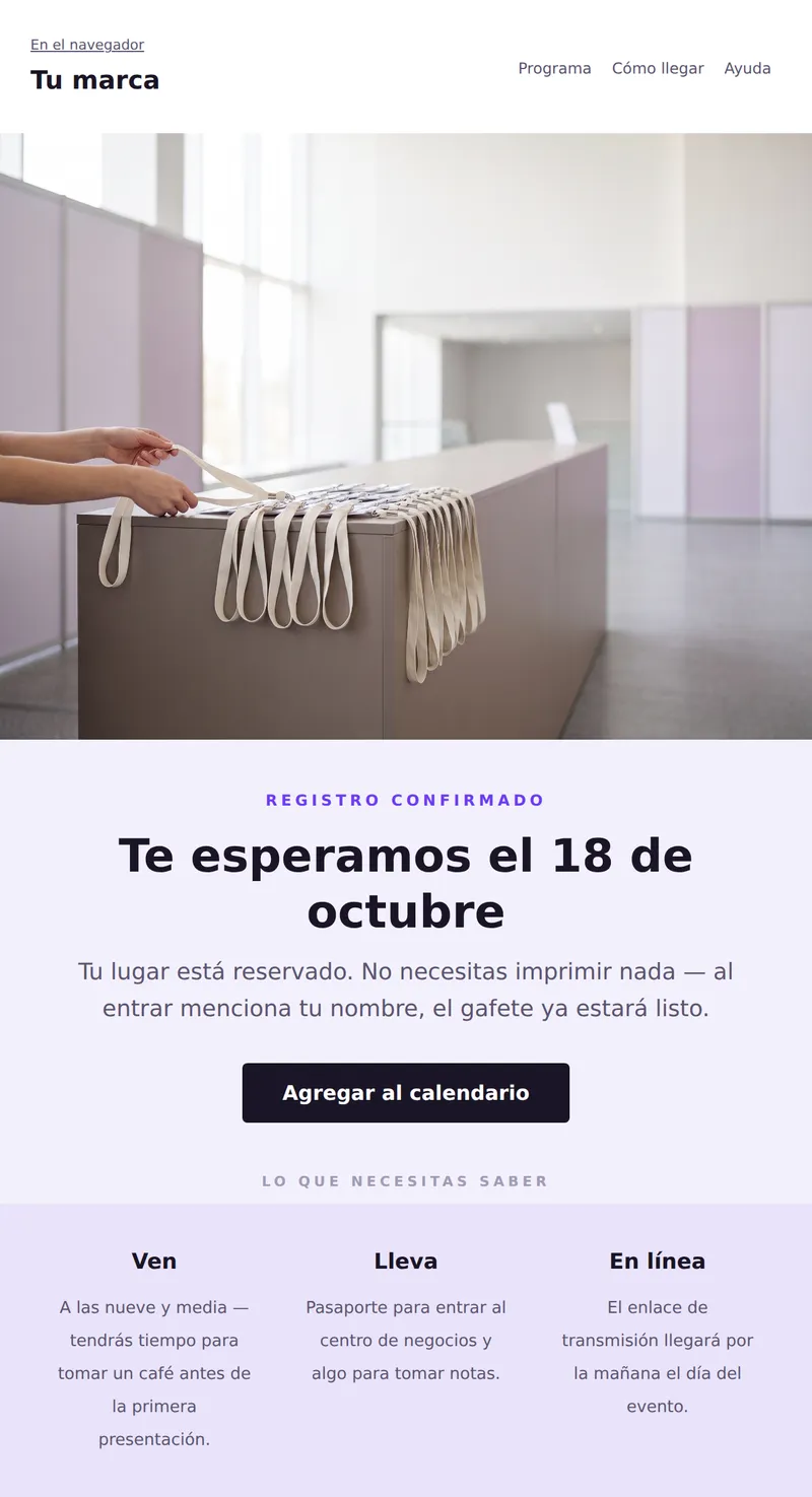 Registro confirmado: ¿qué sigue (eventos)?