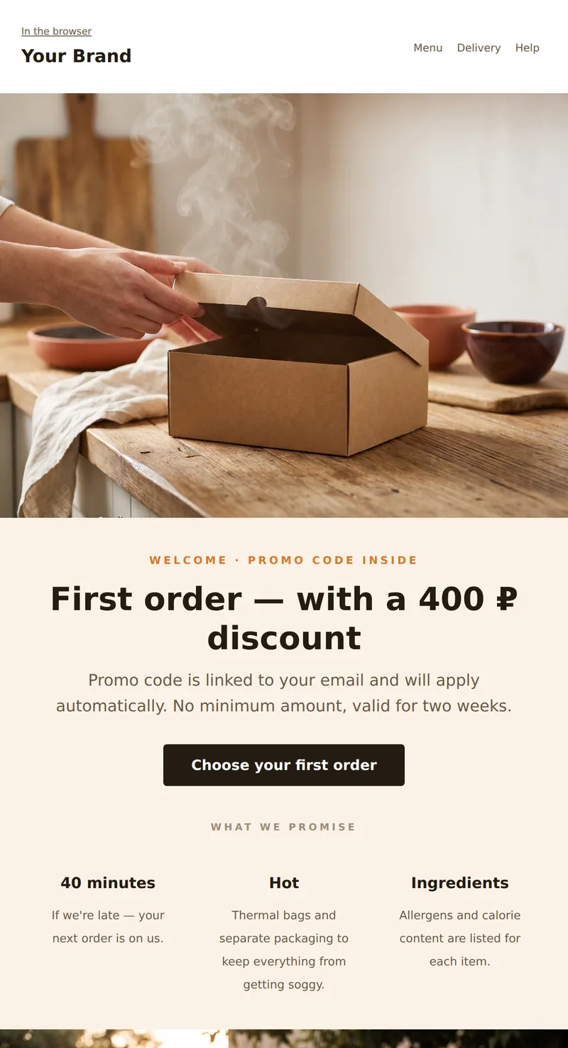 Welcome: discount on your first order (food delivery)
