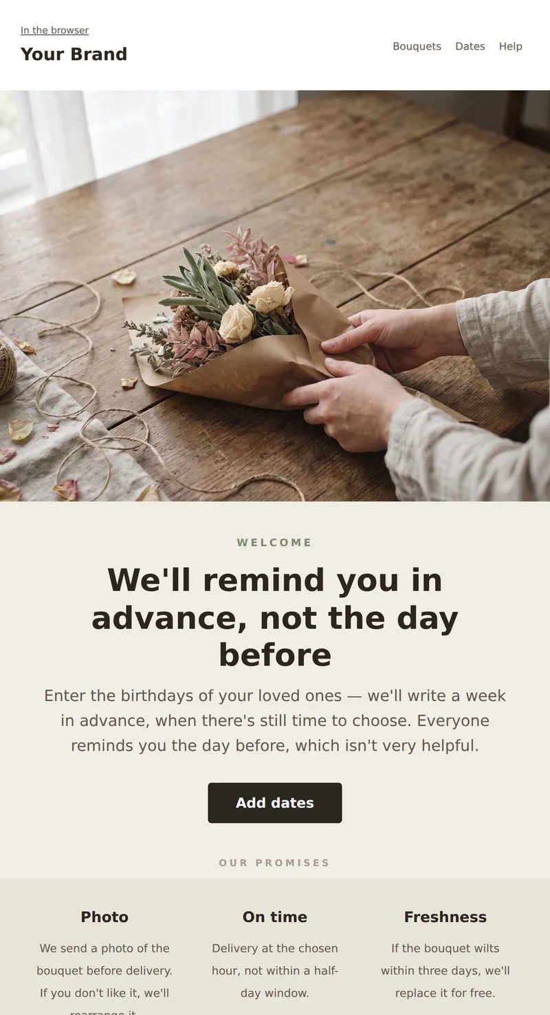 Welcome: subscription for reminders (gifts and flowers)