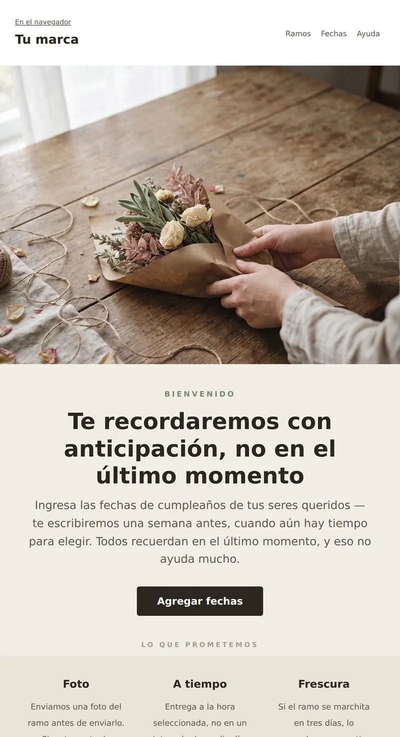 Bienvenido: suscripción a recordatorios (regalos y flores)