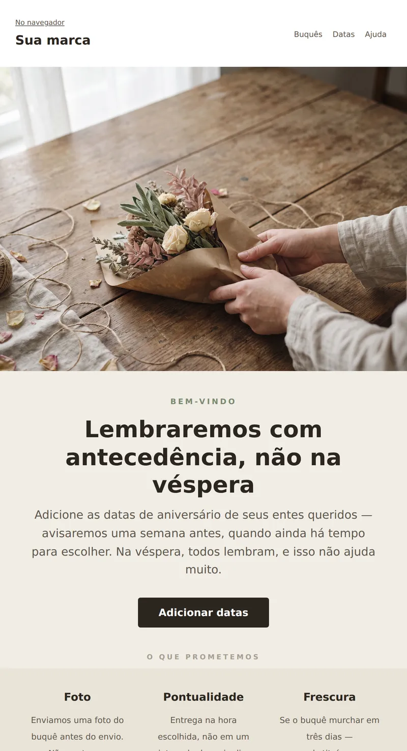 Bem-vindo: assinatura de lembretes (presentes e flores)