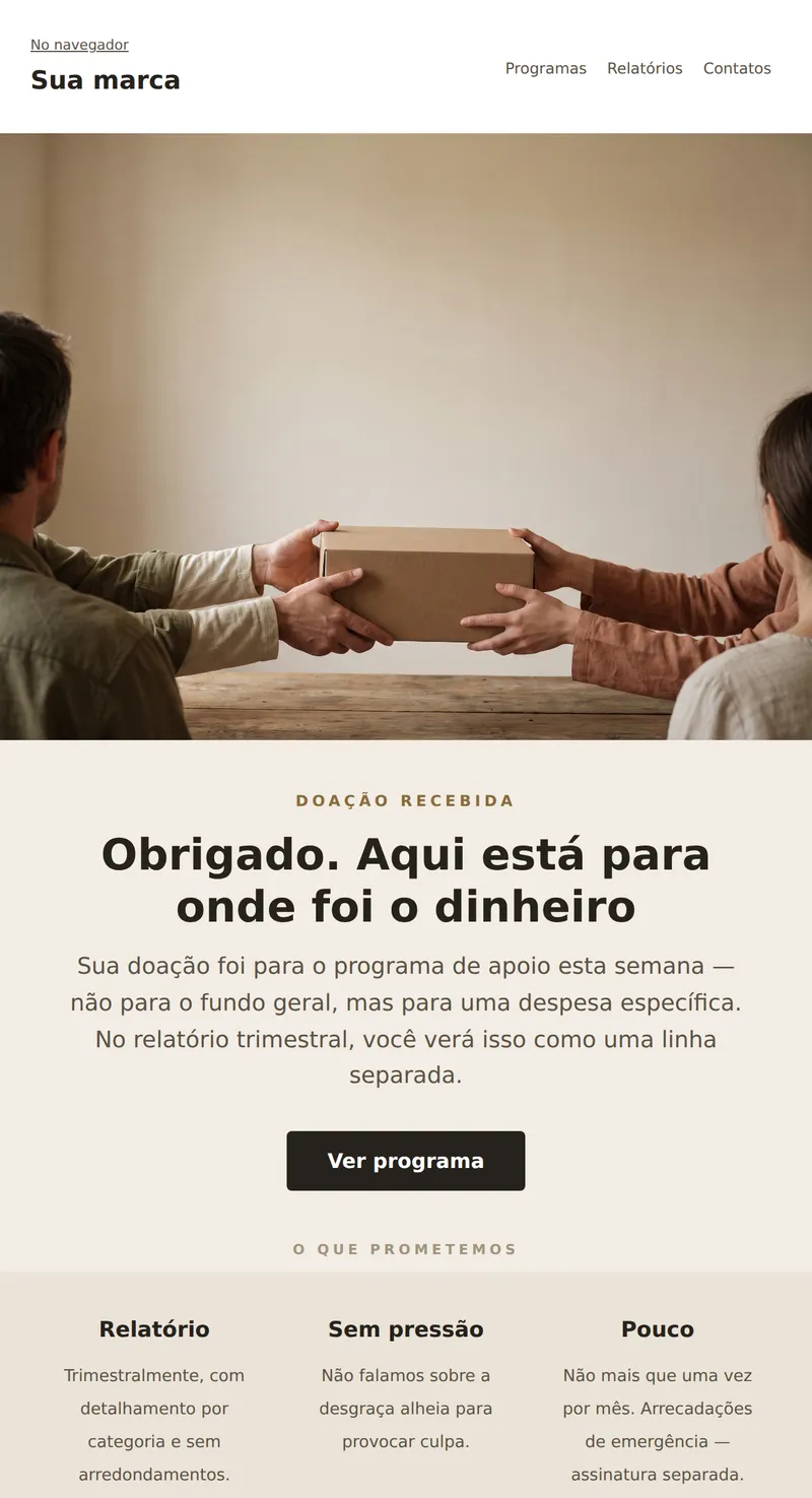 Bem-vindo: novo doador (organizações sem fins lucrativos)
