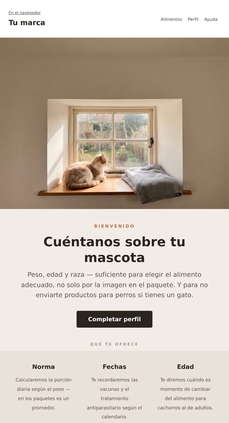 Bienvenido: perfil de mascota (productos para mascotas)